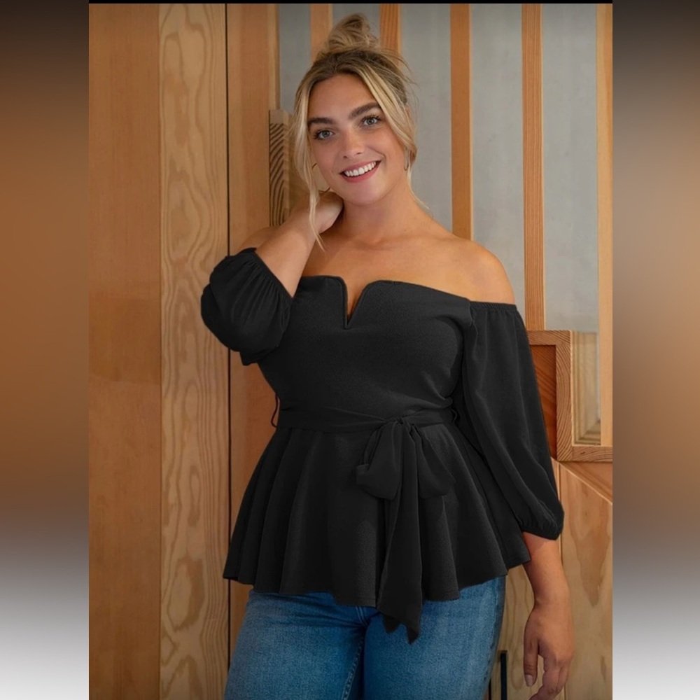 [Shein]  Black Off Shoulder Peplum Shirt